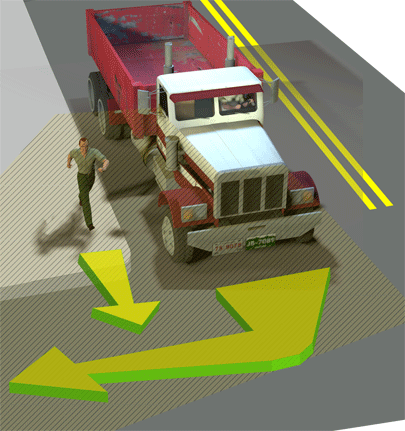 truck driver blind spot pedestrian walking in crosswalk is hidden by truck cab